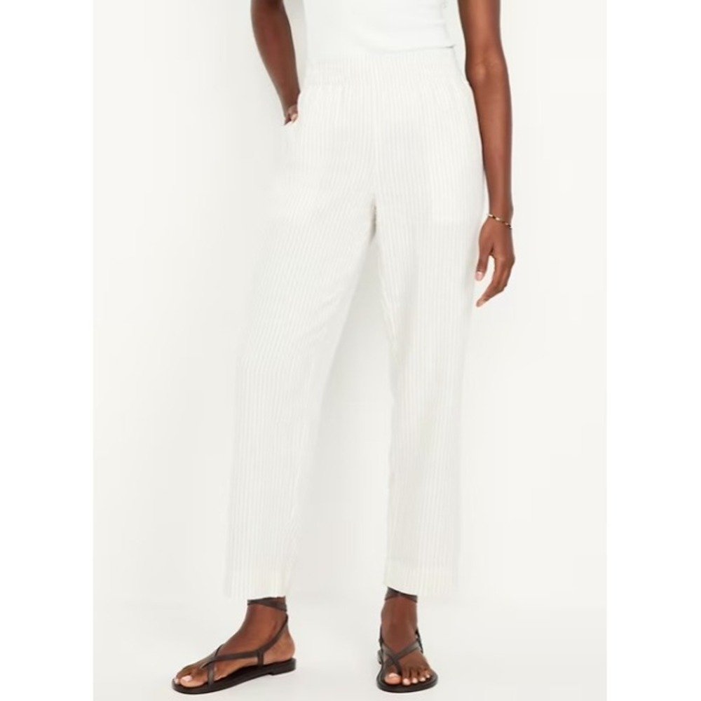 NEW Old Navy Womens Large Straight Linen Blend Striped Comfort Waistband Pants